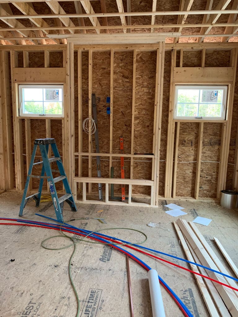 A custom home being built in Maine